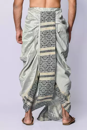 Grey hand block print dupion silk dhoti for men (free size)