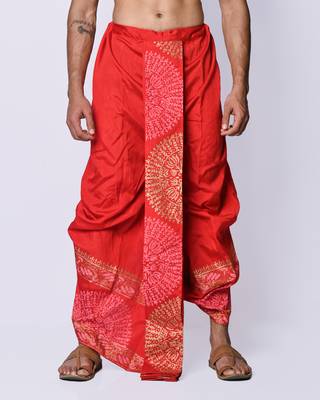 Red hand block print dupion silk dhoti for men (free size) 1
