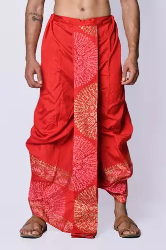 Red hand block print dupion silk dhoti for men (free size)