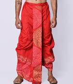 Red hand block print dupion silk dhoti for men (free size)