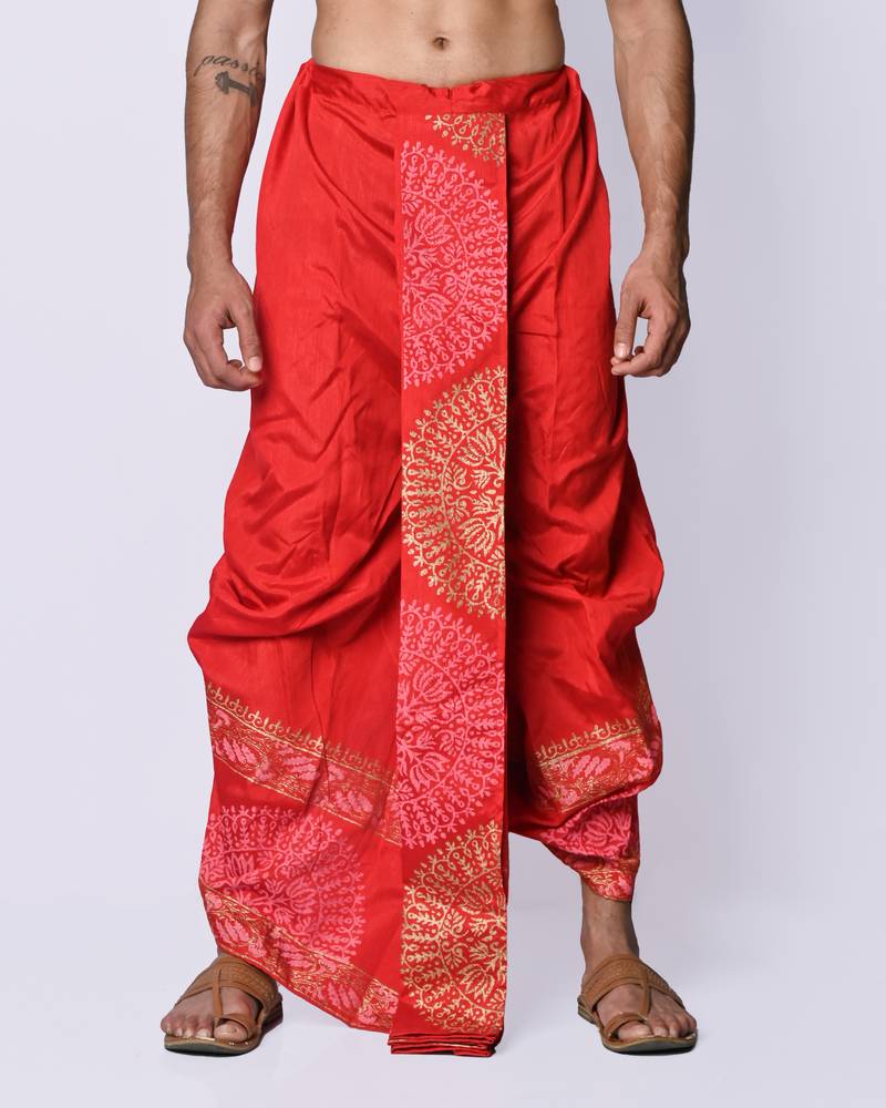 Red hand block print dupion silk dhoti for men (free size)