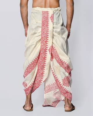 Cream hand block print dupion silk dhoti for men (free size) 2