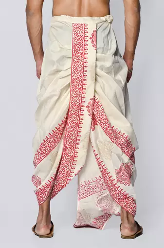 Cream hand block print dupion silk dhoti for men (free size)
