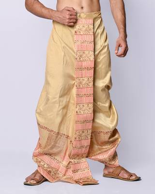 Beige hand block print dupion silk dhoti for men (free size) 3