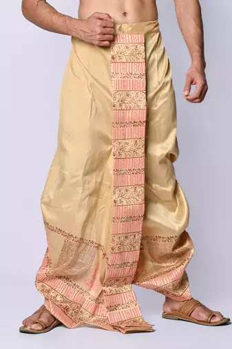 Beige hand block print dupion silk dhoti for men (free size)
