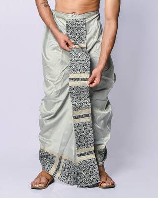 Grey hand block print dupion silk dhoti for men (free size) 3