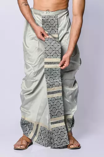 Grey hand block print dupion silk dhoti for men (free size)