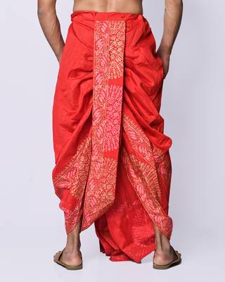Red hand block print dupion silk dhoti for men (free size) 2
