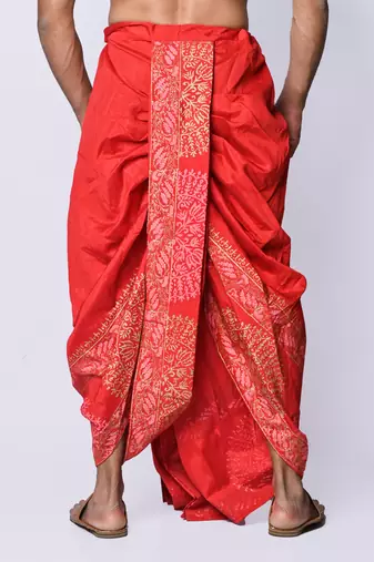 Red hand block print dupion silk dhoti for men (free size)