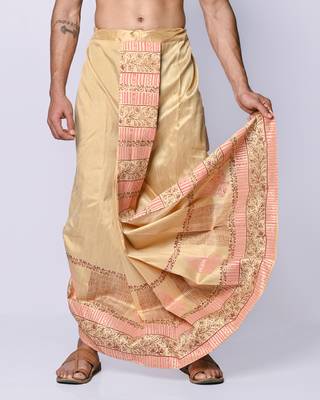 Beige hand block print dupion silk dhoti for men (free size) 4
