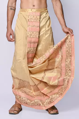Beige hand block print dupion silk dhoti for men (free size)