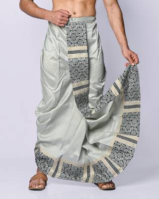 Grey hand block print dupion silk dhoti for men (free size) 4