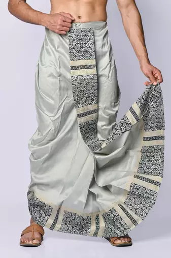 Grey hand block print dupion silk dhoti for men (free size)