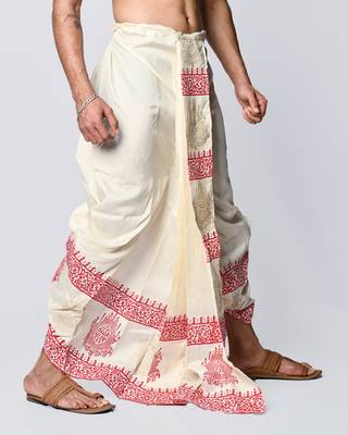 Cream hand block print dupion silk dhoti for men (free size) 3