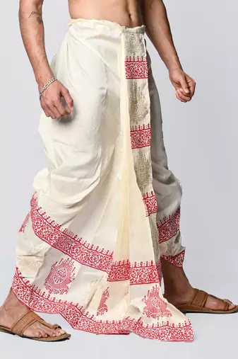 Cream hand block print dupion silk dhoti for men (free size)