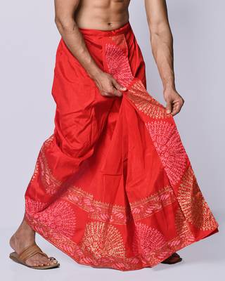 Red hand block print dupion silk dhoti for men (free size) 3
