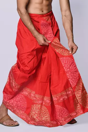Red hand block print dupion silk dhoti for men (free size)