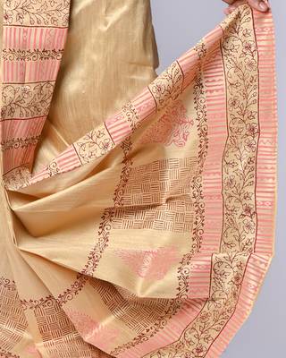 Beige hand block print dupion silk dhoti for men (free size) 5