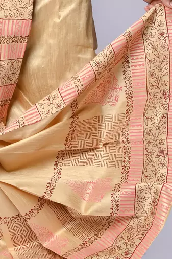 Beige hand block print dupion silk dhoti for men (free size)