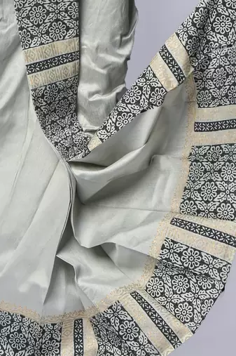 Grey hand block print dupion silk dhoti for men (free size)