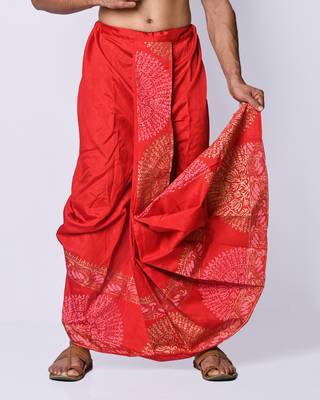 Red hand block print dupion silk dhoti for men (free size) 4