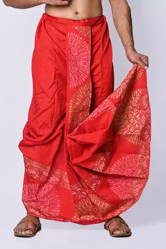 Red hand block print dupion silk dhoti for men (free size)