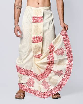 Cream hand block print dupion silk dhoti for men (free size) 4
