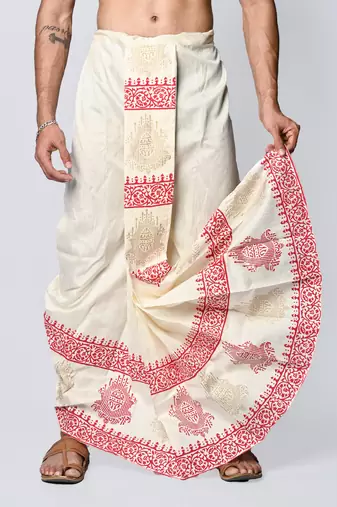 Cream hand block print dupion silk dhoti for men (free size)