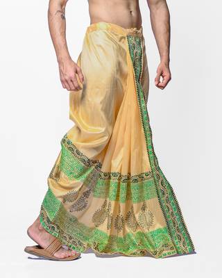 Beige hand block print dupion silk dhoti for men (free size) 2