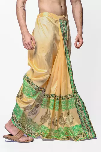 Beige hand block print dupion silk dhoti for men (free size)