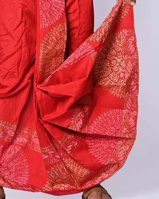 Red hand block print dupion silk dhoti for men (free size) 5