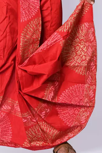 Red hand block print dupion silk dhoti for men (free size)