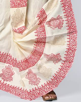 Cream hand block print dupion silk dhoti for men (free size) 5