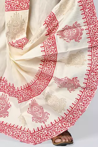 Cream hand block print dupion silk dhoti for men (free size)