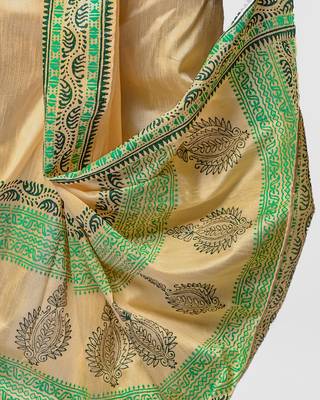 Beige hand block print dupion silk dhoti for men (free size) 3
