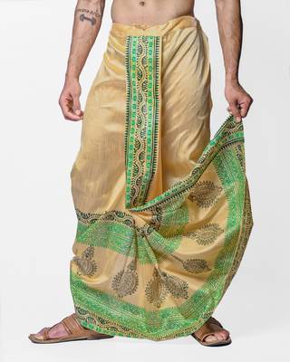 Beige hand block print dupion silk dhoti for men (free size) 1