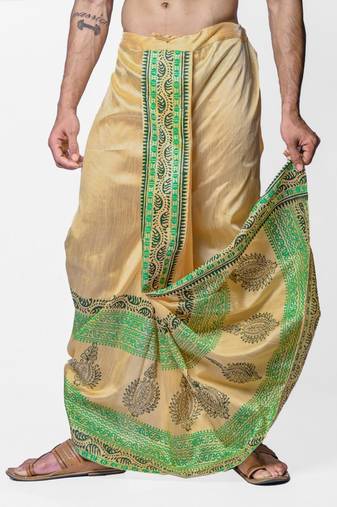 Beige hand block print dupion silk dhoti for men (free size)
