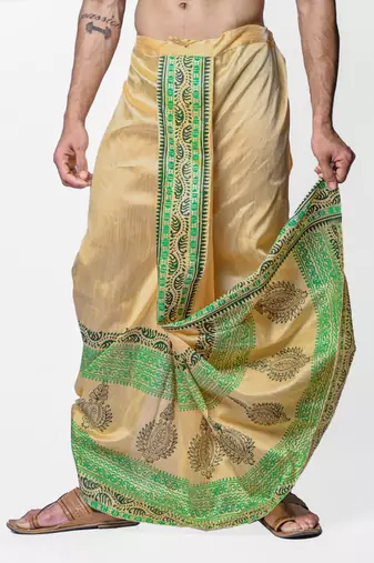 Beige hand block print dupion silk dhoti for men (free size)