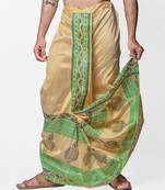 Beige hand block print dupion silk dhoti for men (free size)