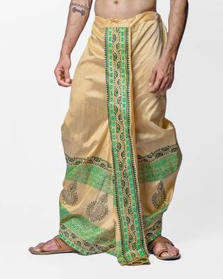 Beige hand block print dupion silk dhoti for men (free size) 4