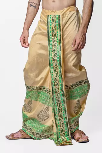 Beige hand block print dupion silk dhoti for men (free size)