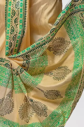 Beige hand block print dupion silk dhoti for men (free size)