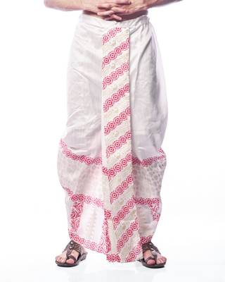 White hand block print dupion silk dhoti for men (free size) 3