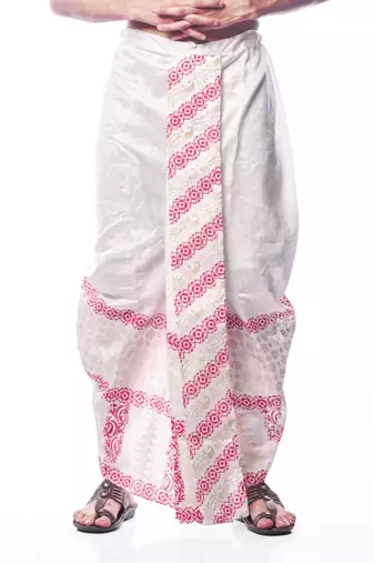 White hand block print dupion silk dhoti for men (free size)