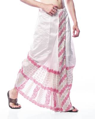 White hand block print dupion silk dhoti for men (free size) 4