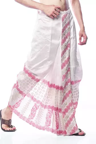 White hand block print dupion silk dhoti for men (free size)