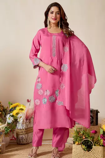 Women Thread Work Mal Chanderi Straight Kurta With Trousers & Dupatta