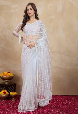 Trendmalls White Bollywood Net Embroidery Sequins work Saree with Unstitch Blouse Piece 1