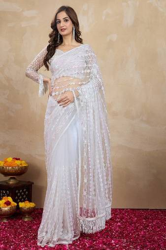 White Bollywood Net Embroidery Sequins work Saree with Unstitch Blouse Piece