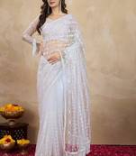 White Bollywood Net Embroidery Sequins work Saree with Unstitch Blouse Piece